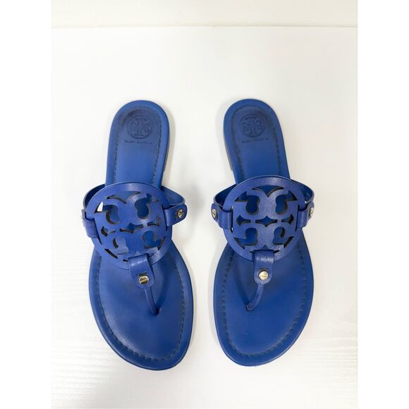 Tory Burch Miller Logo Flat Sandals Royal Blue 9 - Picture 1 of 9